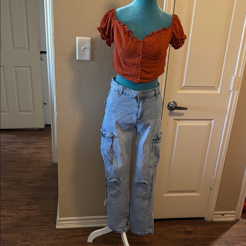 Rust Crop Top and Light Blue Cargo Jeans